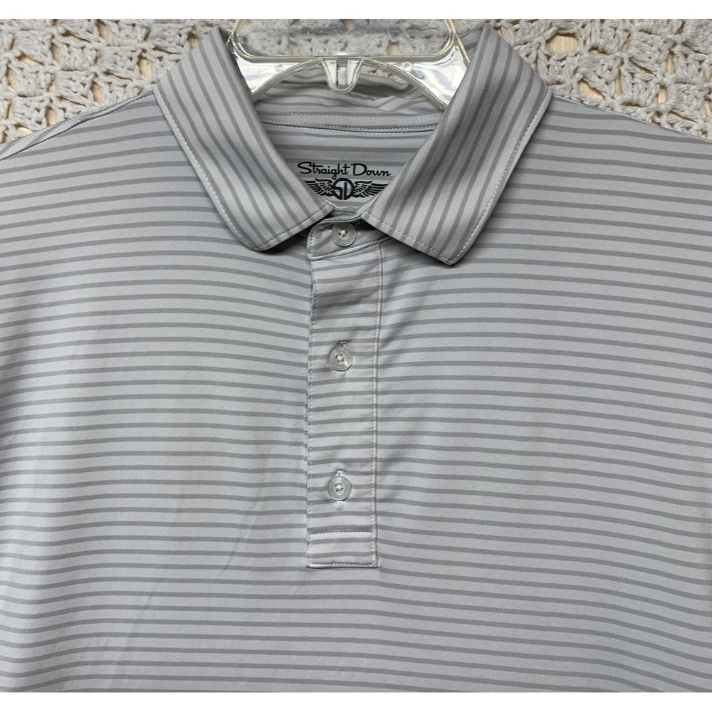 Straight Down Shirt Mens Sz L‎ White Gray Striped Short Sleeve Golf Polo Shirt
